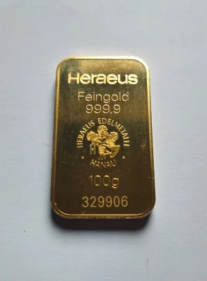 Zlatá tehlička Heraeus 100g investičné zlato, rýdzosť 999.9, nemecká LBMA rafinéria