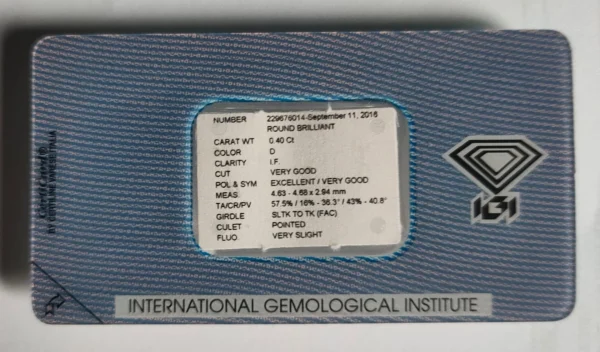 Certifikovaný investičný diamant 0,40 ct IGI, briliantový brus, detail 4C parametrov